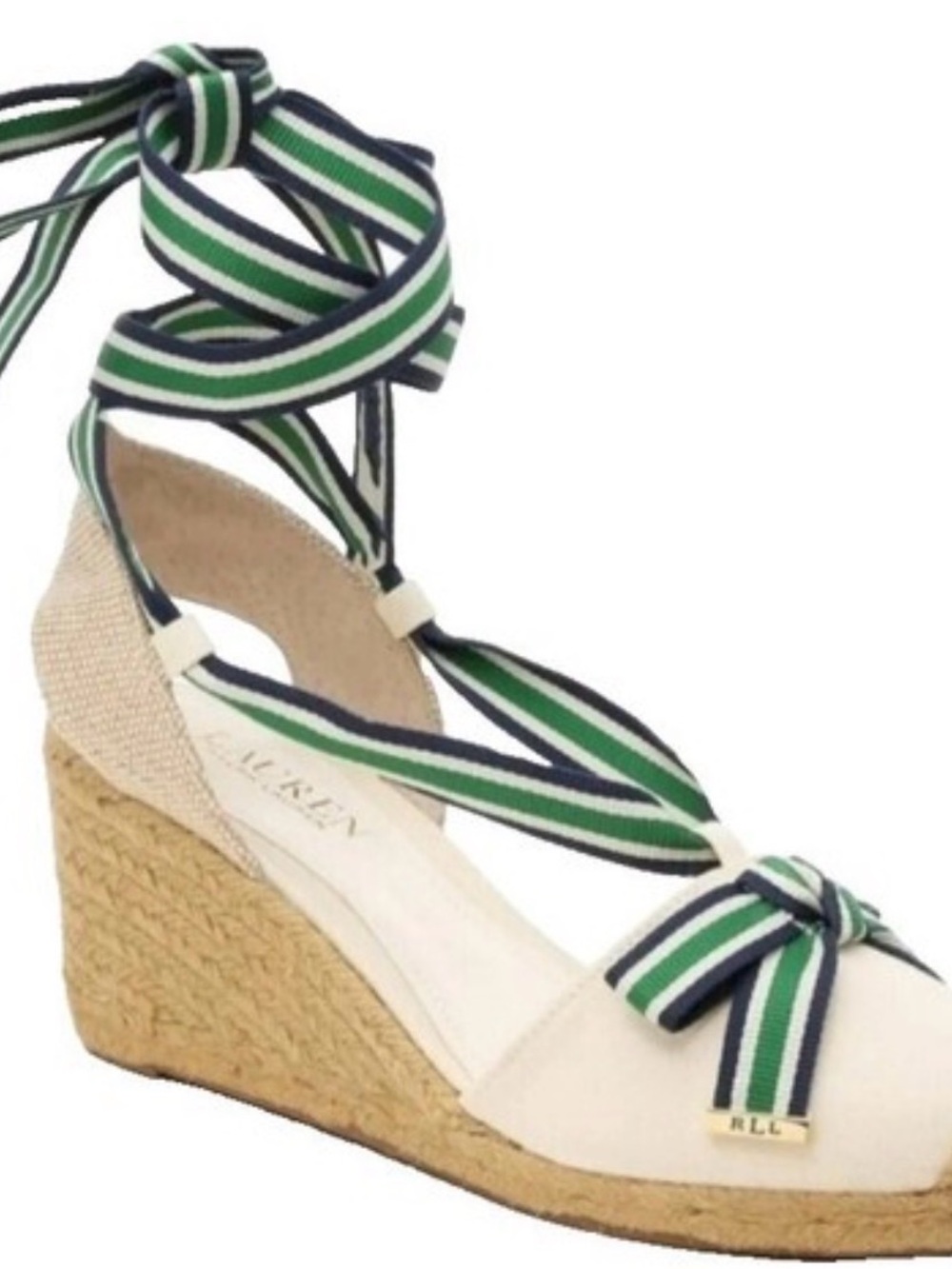 Ralph Lauren Cream Espadrille Wedge with Navy and Green Striped Ankle Ties